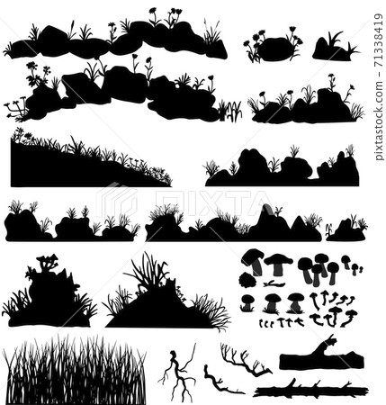 Big set of the vector stones and rocks with grass and flowers. Mountain tall and short plants 71338419