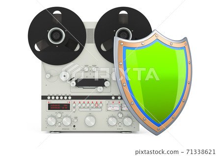 Reel-to-reel tape recorder with shield, 3D rendering 71338621