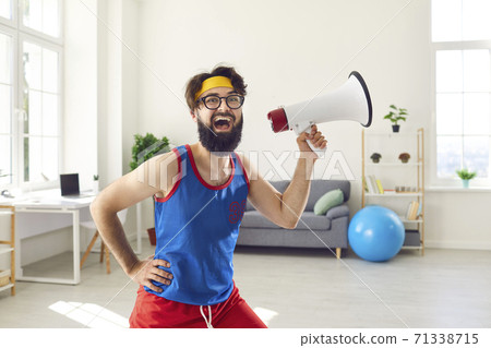 Funny fitness geek with megaphone shouting about amazing sale at the sports store Funny fitness geek with megaphone shouting about amazing sale at the sports store 71338715