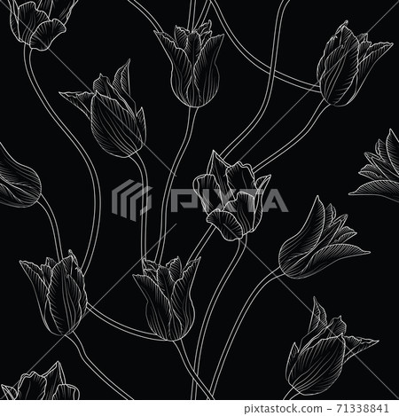 Monochrome floral seamless pattern with hand drawn tulip flowers on black background. Stock vector Monochrome floral seamless pattern with hand drawn tulip flowers on black background. Stock vector 71338841