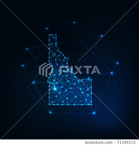 Idaho state USA map glowing silhouette made of stars lines dots triangles, low polygonal shapes. Idaho state USA map glowing silhouette made of stars lines dots triangles, low polygonal shapes. 71340172