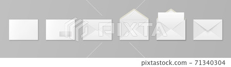 Vector 3d Realistic White Paper Blank Envelope with Letter Sheet and Window Isolated. C5, C6, A6, C6, A5, C5 Size. Design Template for Mockup. Opened and Closed. Top or Front View 71340304