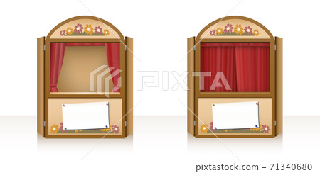 Puppet theater with open and closed curtain and a blank staging announcement banner. Punch and judy booth, stage play for children. Vector illustration on white background. 71340680