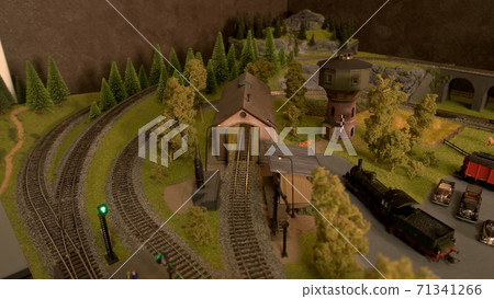 Top view retro rminiature railway station. Top view retro rminiature railway station. 71341266