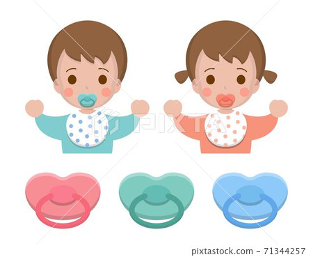 男孩嬰兒與女孩嬰兒跟奶嘴組合,卡通漫畫插圖向量 71344257