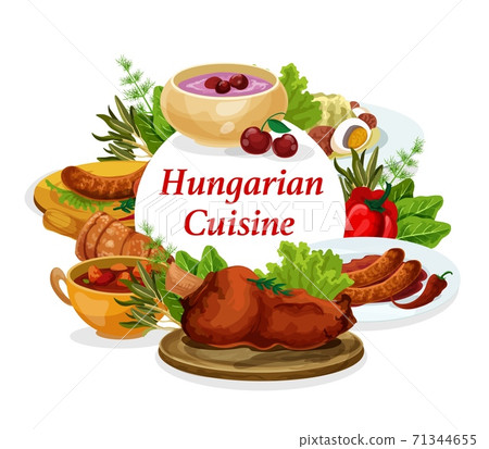 Hungary cuisine dishes vector round frame, poster 71344655