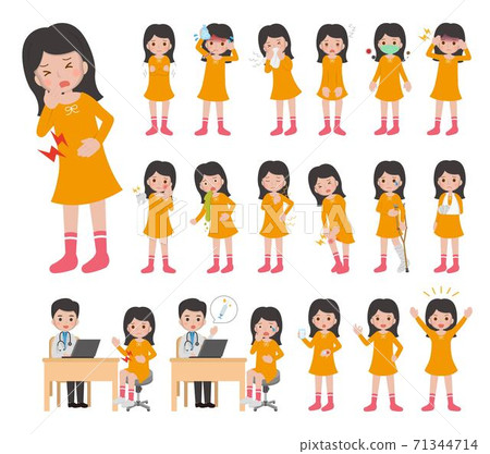 18種女人疾病,感冒,受傷的組合,卡通漫畫插圖向量 71344714