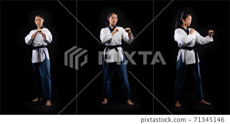 TaeKwonDo Karate teenager athlete kick punch black background isolated 71345146