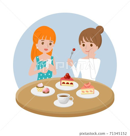 Beautiful women chatting and having afternoon tea, cake and coffee, financial business office, cartoon comic illustration vector Beautiful women chatting and having afternoon tea, cake and coffee, financial business office, cartoon comic illustration vector 71345152