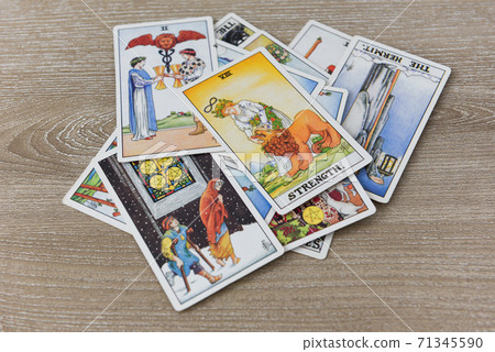 Tarot cards on wooden background fortune card prophecy, gypsy card for fortune teller reading future 71345590