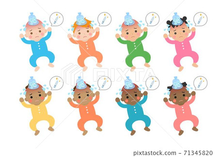 Cute baby daily illustrations set, different races with skin color, fever fever sick virus cold, cartoon comic illustration vector, set, combination, isolated 71345820