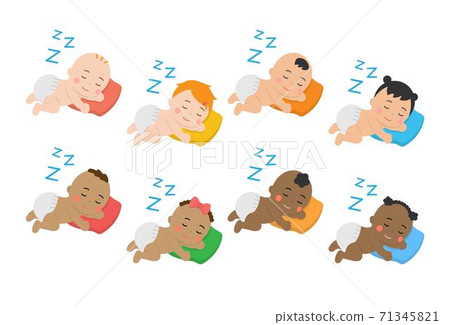 Cute baby daily illustration set, different races with skin color, lying, sleeping, dreaming, cartoon comic illustration vector, set, combination, isolated 71345821