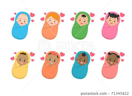Cute baby daily illustration set, different races with skin color, baby swaddling, sleep, happy, cartoon comic illustration vector, set, combination, isolated 71345822