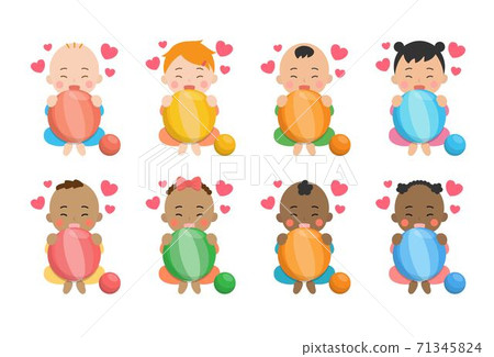 Cute baby daily illustration set, different races with skin color, ball, toy, having fun, happy, smiling, cartoon comic illustration vector, set, combination, isolated 71345824