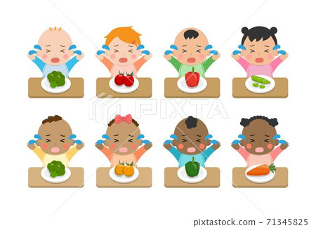 Cute baby daily illustrations set, different races with skin color, eating vegetables, picky eaters, angry, crying, cartoon comic illustrations vector, set, combination, isolated 71345825