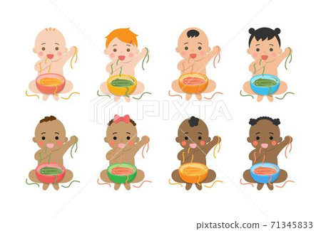 Set of cute baby daily illustrations, different races and skin colors, grabbing baby noodles with hands to eat, dirty, cartoon comic illustrations vector, set, combination, isolated 71345833
