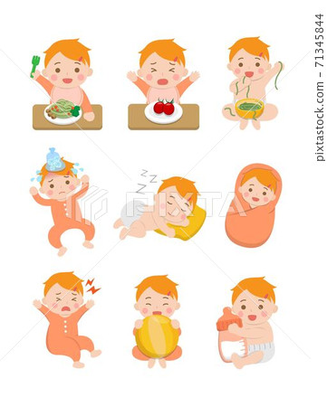 9種可愛的開心寶寶和他的日常,嬰兒尿布,發燒的嬰兒,睡覺的嬰兒,嬰兒麵條,卡通漫畫插圖向量,套,組合 71345844