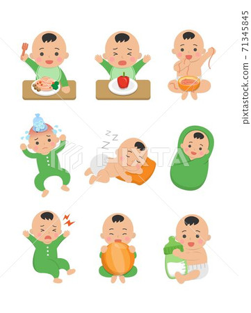 9種可愛的開心寶寶和他的日常,嬰兒尿布,發燒的嬰兒,睡覺的嬰兒,嬰兒麵條,卡通漫畫插圖向量,套,組合 71345845