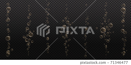 Gold fizzy bubbles. Sparkles champagne. Fizzy pop and effervescent drink. Abstract fresh soda and air bubbles, oxygen, champagne crystal. Vector illustration on black transparent background. Gold fizzy bubbles. Sparkles champagne. Fizzy pop and effervescent drink. Abstract fresh soda and air bubbles, oxygen, champagne crystal. Vector illustration on black transparent background. 71346477