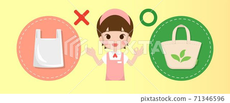 Plastic bag and canvas bag with salesperson, eco-friendly shopping bag, reduce plastic, cartoon comic illustration vector 71346596