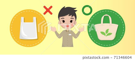 Plastic bag and canvas bag with salesperson, eco-friendly shopping bag, reduce plastic, cartoon comic illustration vector Plastic bag and canvas bag with salesperson, eco-friendly shopping bag, reduce plastic, cartoon comic illustration vector 71346604
