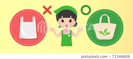 Plastic bags and canvas bags with supermarket clerk, eco-friendly shopping bags, reduce plastic, cartoon comic illustration vector 71346608