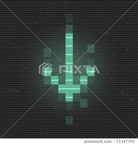Retrofuturistic glitch arrow to down. Green glowing digital pointer. 8 bit pixel arrow. Cyberpunk glowing design element for poster, flyer, cover, banner, web, games. Vector Retrofuturistic glitch arrow to down. Green glowing digital pointer. 8 bit pixel arrow. Cyberpunk glowing design element for poster, flyer, cover, banner, web, games. Vector 71347705