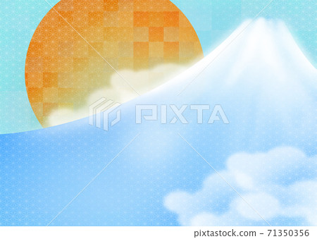 新年賀卡背景圖和日式富士山和淺藍色日本圖案背景上的第一次日出 71350356