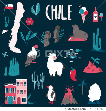 Big set of landmarks, symbols of Chile, South America. 71351192