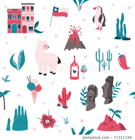 Seamless pattern with famous landmarks and symbols of Chile. Llama, Valparaiso, Easter island, condor, flag, etc. 71351194