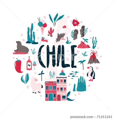 Abstract circle design with landmarks and symbols of Chile and Easter island. 71351201