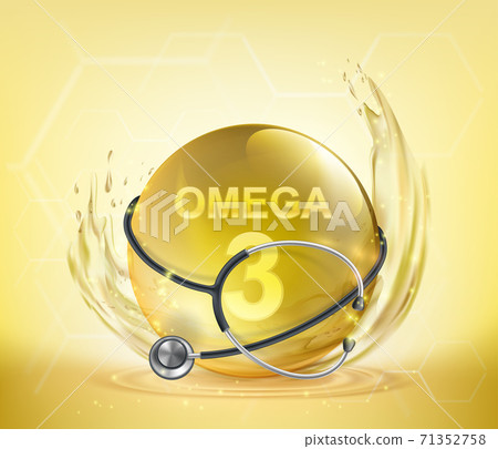 Vitamin Omega 3 yellow pill with medical stethoscope. Vitamin Omega 3 yellow pill with medical stethoscope. 71352758