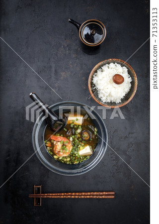 Traditional Japanese miso soup with king prawns and rice  71353113