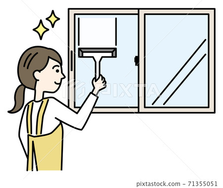 Woman in an apron cleaning windows with wiper... - Stock Illustration ...