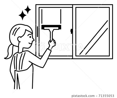 A woman in an apron cleaning a window with a wiper squishy monochrome 71355053