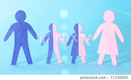 Wooden figures of people on a blue background. The concept of consanguinity in the family and close relatives. Illegitimate children 71356093