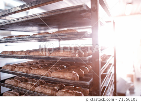 Many custard eclair cakes with butter cream and condensed milk lie on racks in the confectionery industry. Making desserts and sweets on an industrial scale, industry, background 71356105