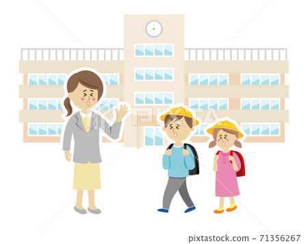 小學生和老師上學的插圖圖像 71356267