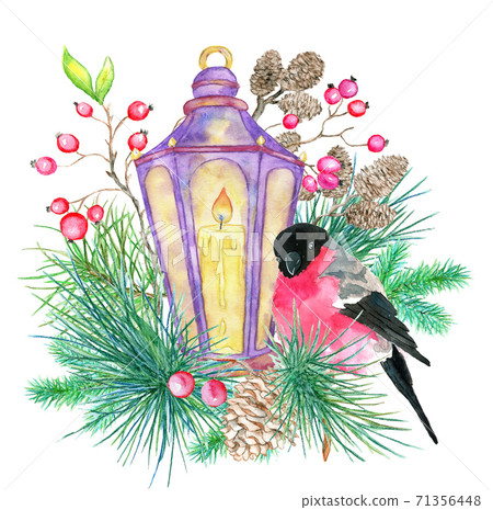Christmas and New Year holiday emblem with snowbird, lantern, cone, pine and berry isolated on white. Hand drawn vintage watercolor illustration with design element for greeting cards, invitations. Christmas and New Year holiday emblem with snowbird, lantern, cone, pine and berry isolated on white. Hand drawn vintage watercolor illustration with design element for greeting cards, invitations. 71356448