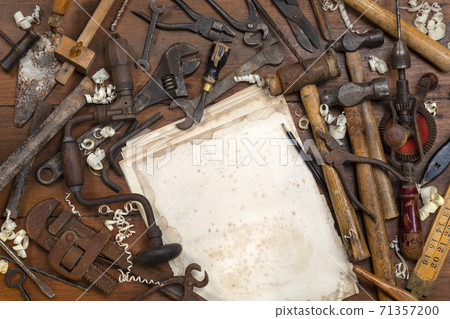 Vintage tools on a workbench - Space for text 71357200