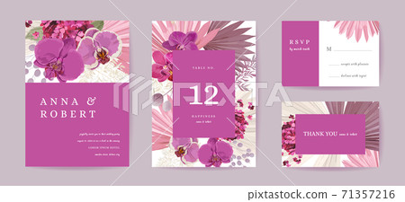 Boho wedding invitation card, vintage Save the Date tropical flowers, dried floral leaves, pampas grass template 71357216