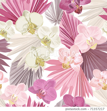 Tropical orchid vector seamless background. Jungle tropic dried palm leaves, exotic flowers pattern 71357217