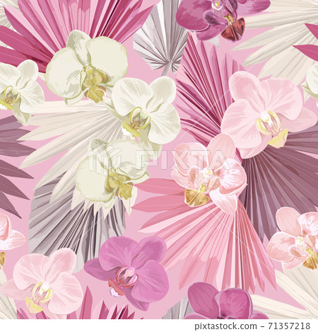 Tropical orchid vector seamless background. Jungle tropic dried palm leaves, exotic flowers pattern 71357218