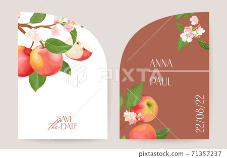 Modern minimal Art Deco wedding vector Invitation, botanical apple boho card. Fruit, leaves, tropic flowers Modern minimal Art Deco wedding vector Invitation, botanical apple boho card. Fruit, leaves, tropic flowers 71357237