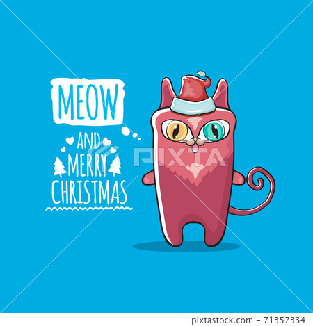 Vector Merry Christmas funky greeting card or banner with kawaii cute Santa Claus cat character with red sant hat isolated on blue background. Funny Christmas kids poster or print design template. Vector Merry Christmas funky greeting card or banner with kawaii cute Santa Claus cat character with red sant hat isolated on blue background. Funny Christmas kids poster or print design template. 71357334