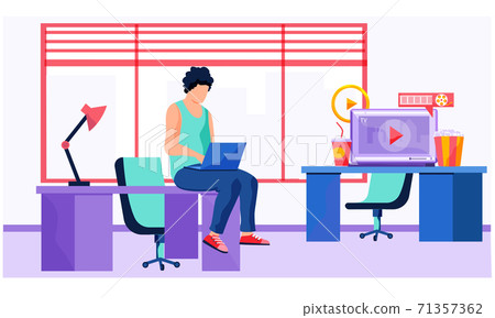 Online cinema, internet streaming. A man holding laptop, sitting on the table with popcorn bucket Online cinema, internet streaming. A man holding laptop, sitting on the table with popcorn bucket 71357362