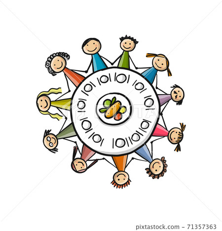 Family having dinner at round table 71357363