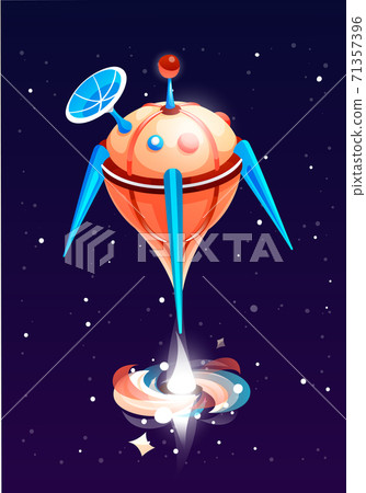 Rounded orange rocket with satellite flies into outer space. Traveling through the galaxy Rounded orange rocket with satellite flies into outer space. Traveling through the galaxy 71357396