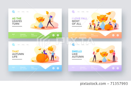 Fall Season Outdoor Activity Landing Page Template Set. Tiny Characters Collect Autumn Bouquet of Colorful Fallen Leaves 71357993