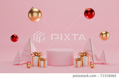 3d rendering Christmas day podium on pink background with gift box, Christmas tree and decoration. 3d rendering Christmas day podium on pink background with gift box, Christmas tree and decoration. 71358068